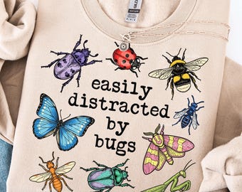 Bug Lover PNG, Easily Distracted By Bugs T-Shirt PNG File, Cottagecore Insect Lover Design, Retro Entomology Graphic - Digital Download