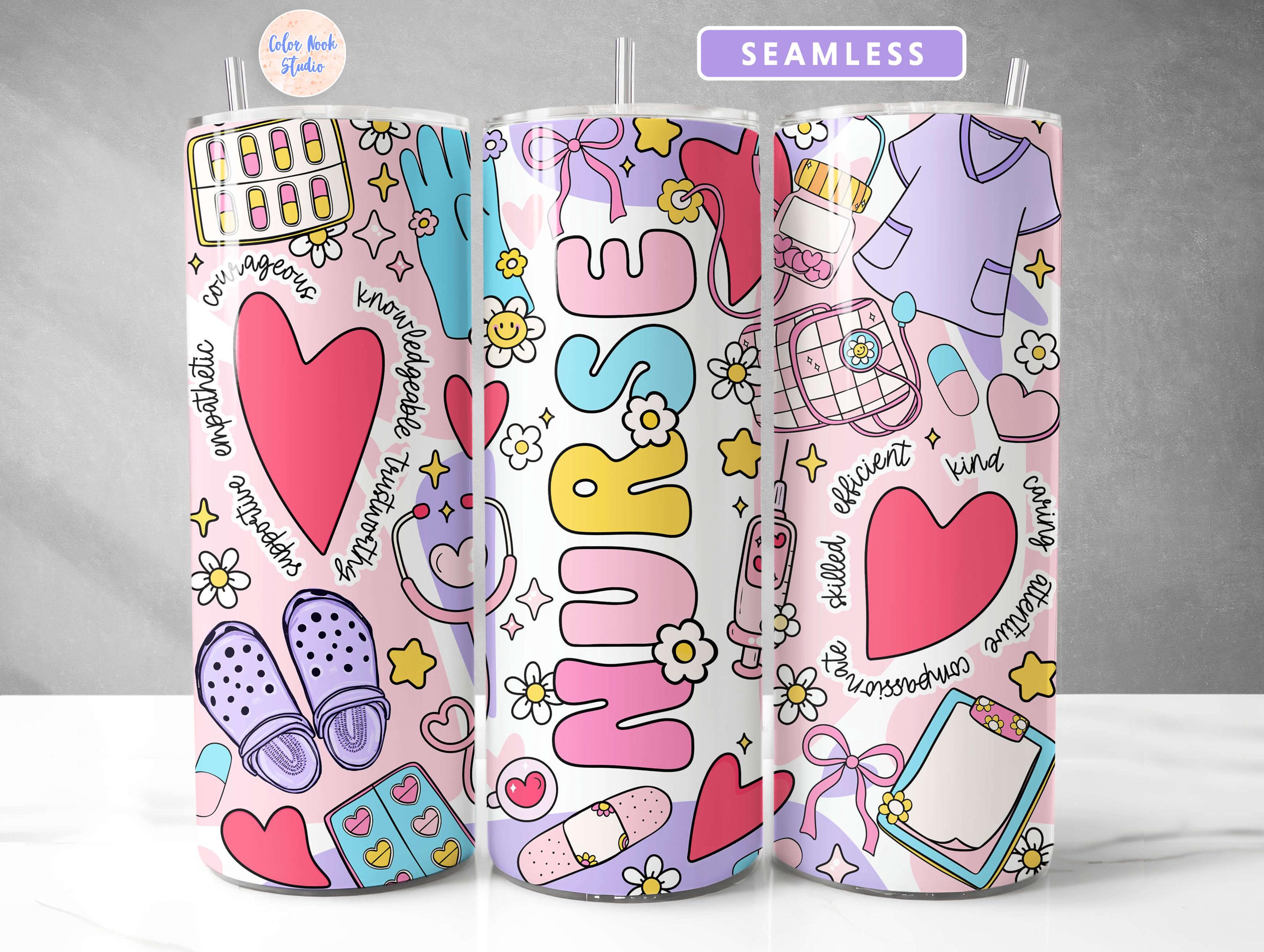 Nurse Tumbler Wrap PNG Groovy Flower Heart Seamless Sublimation 20 oz Skinny Tumbler Design Digital Download