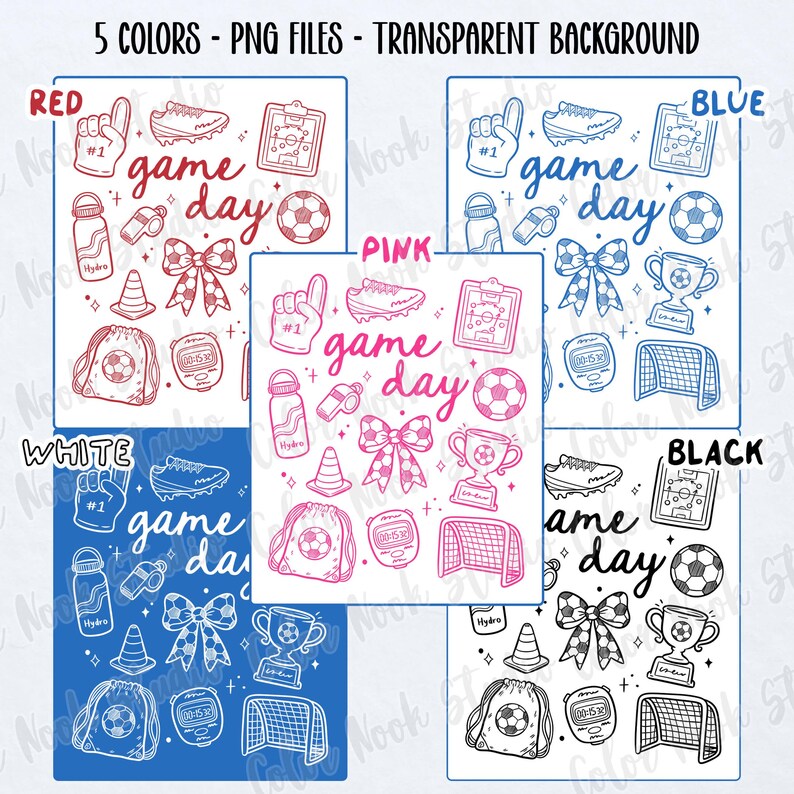 May include: A set of 10 digital clipart images in five different colours: red, pink, white, blue, and black. The images are of various football-themed items, including a football, a football boot, a whistle, a trophy, a football bag, a cone, a bow, a football net, a scoreboard, and a hand with the number one on it. The text "game day" is featured in each image.