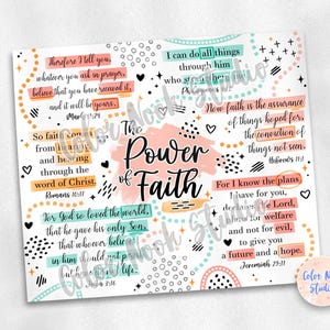 May include: A colourful printable wall art design with inspirational quotes about faith. The design features a pink and orange background with black and white polka dots and hearts. The text includes quotes from the Bible, such as "For God so loved the world, that he gave his only Son" and "Now faith is the assurance of things hoped for".