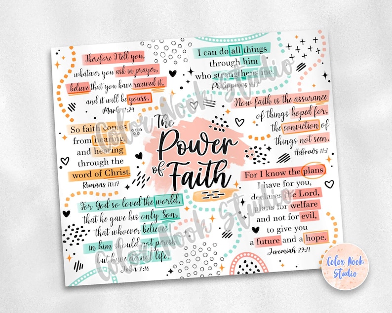 May include: A colourful printable wall art design with inspirational quotes about faith. The design features a pink and orange background with black and white polka dots and hearts. The text includes quotes from the Bible, such as "For God so loved the world, that he gave his only Son" and "Now faith is the assurance of things hoped for".
