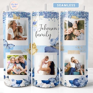 Picture Tumbler Wrap 20 oz PNG Fiori blu Aggiungi le tue 5 foto e testo Design a sublimazione senza soluzione di continuità