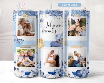 Picture Tumbler Wrap 20 oz PNG Blue Flowers Add Your Own 5 Photos and Text Seamless Sublimation Design