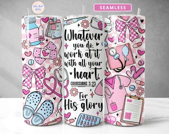 Christelijke verpleegkundige Tumbler Wrap PNG Kolossenzen 3:23 Bijbel geruite coquette naadloze sublimatie 20 oz mager Tumbler ontwerp digitale download