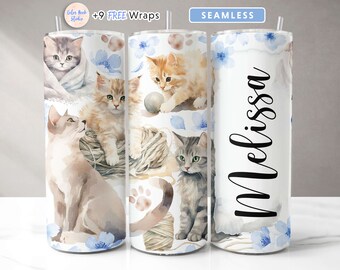 Cat Tumbler Wrap Design for Cat Lovers Add Your Own Name/Text Seamless Sublimation 20 oz Skinny Tumbler PNG Instant Digital Download