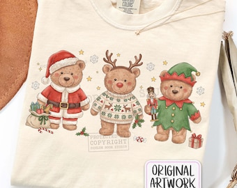 Osos de peluche navideños PNG, lindos personajes navideños para sublimación, estilo vintage, Papá Noel, reno, elfo, oso PNG