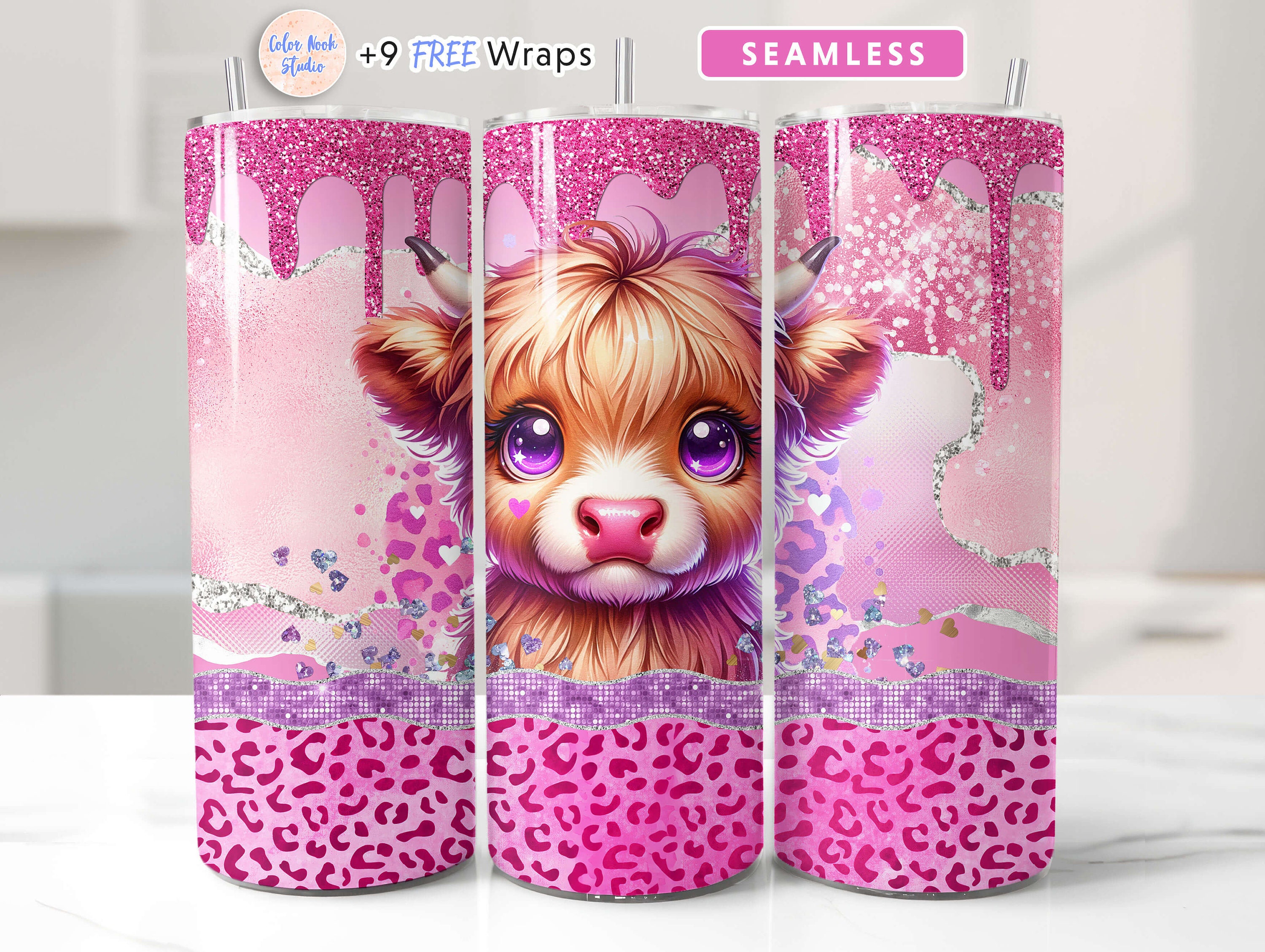 Highland Cow 20 Oz Tumbler Wrap PNG Pink Leopard Print Seamless ...
