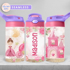 Princess Kids 12 oz Flip Top Tumbler Wrap Cute Kids Bottiglia d'acqua Sublimazione Design PNG Senza soluzione di continuità Aggiungi il tuo nome Download digitale istantaneo