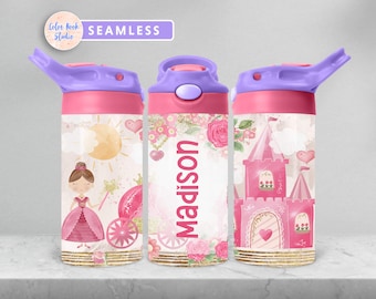 Princess Kids 12 oz Flip Top Tumbler Wrap Cute Kids Water Bottle Sublimation Design PNG Seamless Add Your Name Instant Digital Download