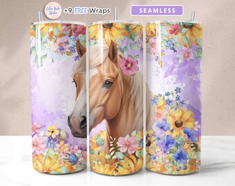 Horse Tumbler Wrap PNG Floral Seamless Sublimation 20 oz Tumbler Design Instant Digital Download