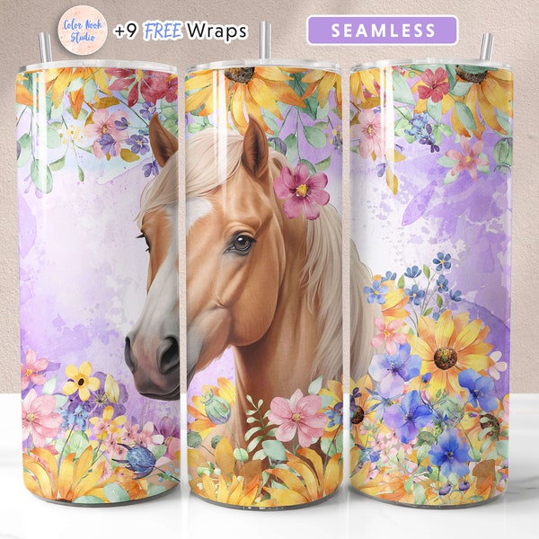 Horse Tumbler Wrap PNG Floral Seamless Sublimation 20 oz Tumbler Design Instant Digital Download