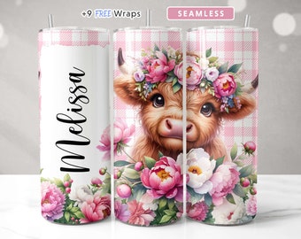 Highland Cow Tumbler Wrap PNG Agregue su propio nombre Flores rosas personalizadas 20 oz Diseño de vaso Sublimación sin costuras Descarga digital instantánea