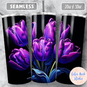Tulipes Tumbler Wrap Purple Flowers Sublimation Design PNG 20oz & 30oz Skinny Straight + Tapered Instant Digital Download Seamless