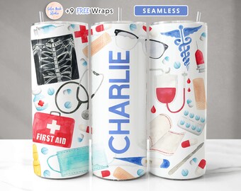 Nurse Tumbler Wrap Design Add Your Own Name/Text Seamless Sublimation Medical 20 oz Skinny Tumbler PNG Instant Digital Download