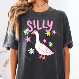 May include: Dark gray t-shirt featuring a whimsical design. The graphic includes the word "SILLY" in pink, a white goose, pink stars, yellow stars, and white flowers. The shirt has short sleeves and a relaxed fit.