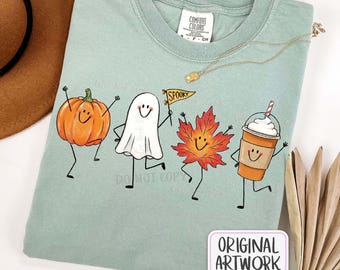 Happy Fall Doodle PNG, Cute Spooky Season Halloween Design, Smiling Doodles, Autumn Leaf Ghost Pumpkin Latte Characters, PNG File