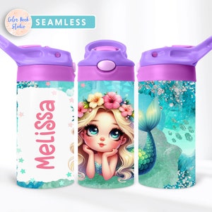 Mermaid Kids 12 oz Flip Top Tumbler Wrap Kids Butelka na wodę Spersonalizowany projekt sublimacji PNG Bezszwowy Dodaj swoje imię Pobieranie cyfrowe
