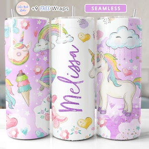 May include: A purple and white tumbler featuring a unicorn, rainbow, and ice cream design. The tumbler is personalised with the name "Melissa".