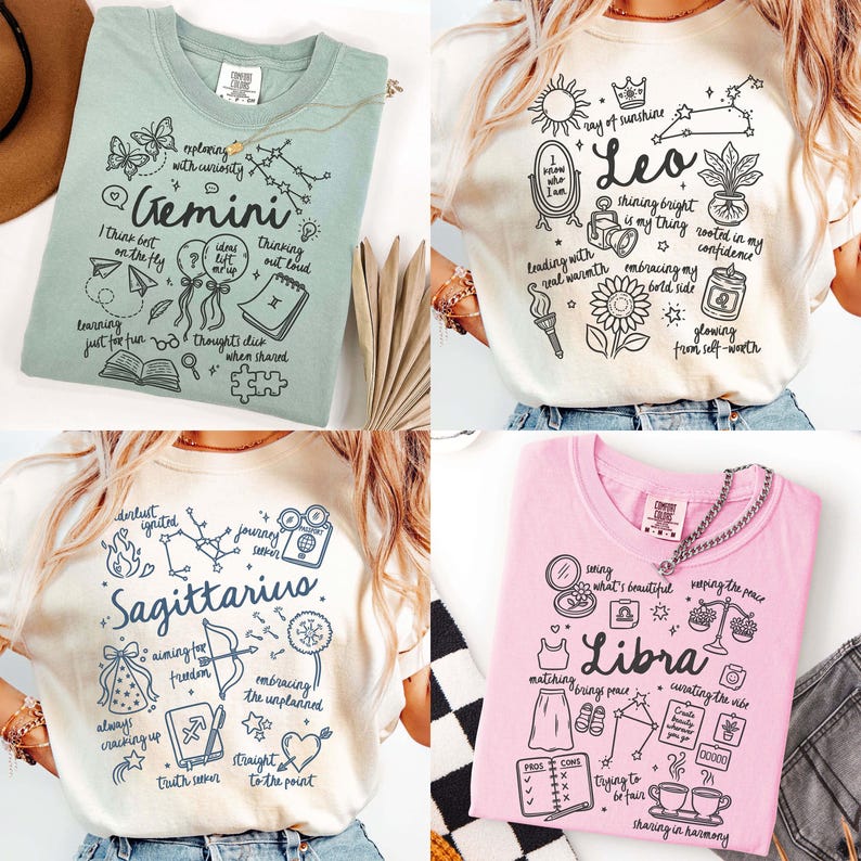 May include: Four t-shirts with zodiac-themed designs. A light green shirt features a Gemini design. A cream-colored shirt has a Leo design. A cream-colored shirt has a Sagittarius design. A pink shirt has a Libra design.