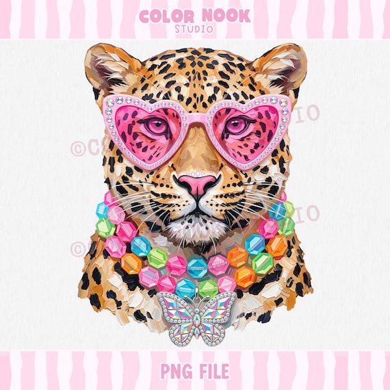 Glam Faux Bedazzle Leopard PNG, Pink Heart Sunglasses Design, Faux Rhinestone, Colorful Y2K Animal PNG File