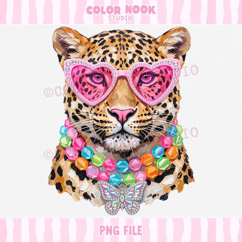 May include: A digital illustration of a leopard wearing pink heart-shaped glasses with rhinestone accents and a multi-colored beaded necklace featuring a butterfly pendant. The leopard has a tan coat with black spots and a pink nose. Text reads COLOR NOOK STUDIO.