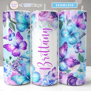 Butterfly Tumbler Wrap PNG Agregue su propio nombre Azul y Púrpura 20 oz Diseño de vaso delgado Sublimación sin costuras Descarga digital instantánea