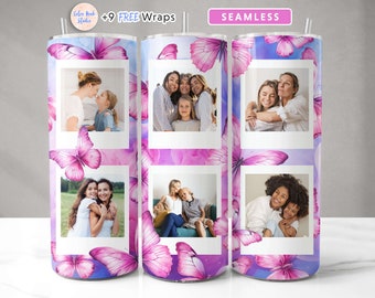 Photo 20 oz Tumbler Wrap Butterfly PNG Add Your Own 6 Pictures Seamless Sublimation Tumbler Design Instant Digital Download