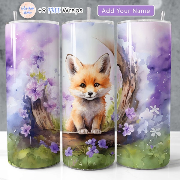 Fox 20 oz Tumbler Wrap Add Your Name Personalised PNG Seamless Sublimation Design Instant Digital Download