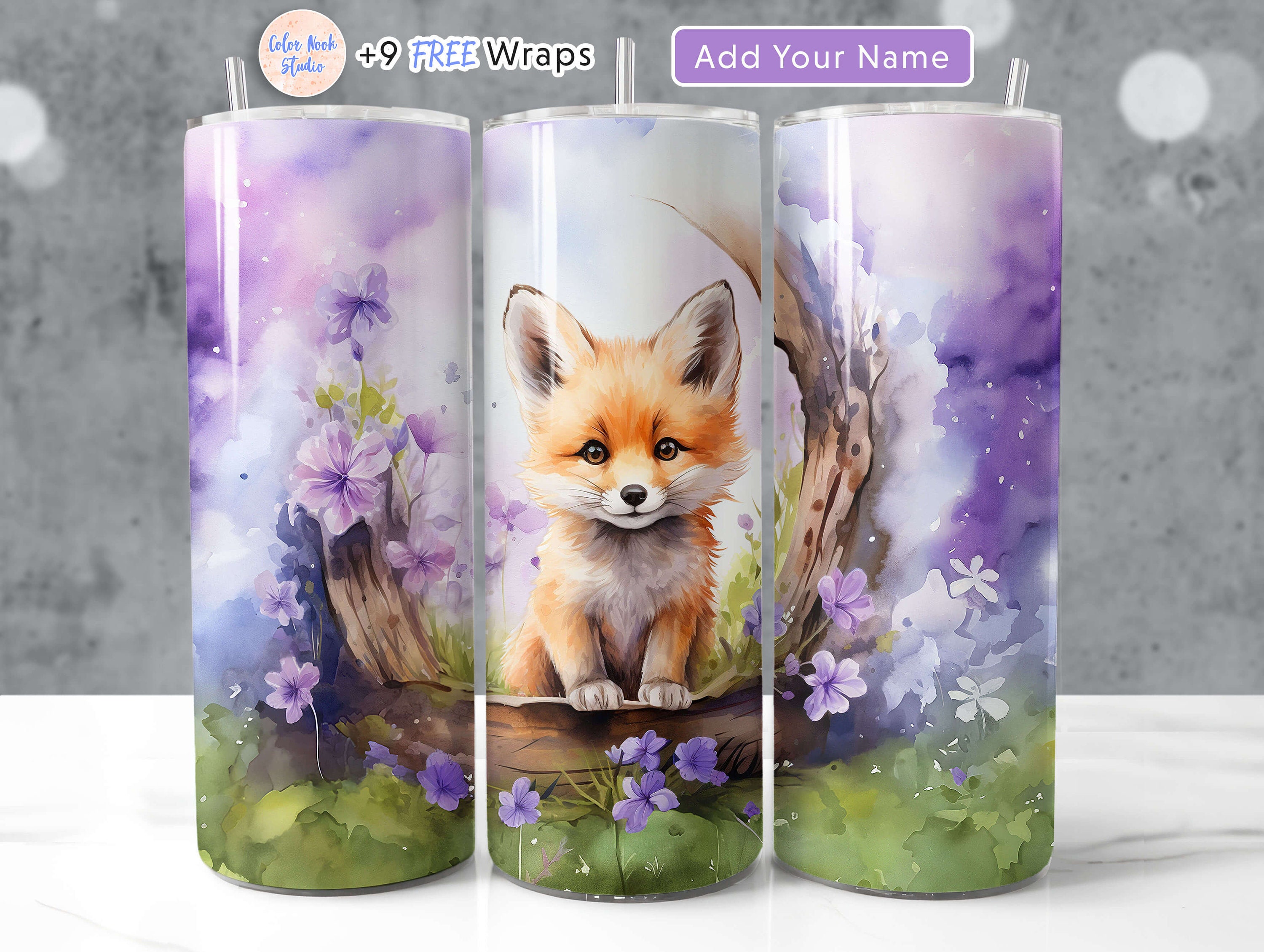 Fox 20 Oz Tumbler Wrap Add Your Name Personalised PNG Seamless ...