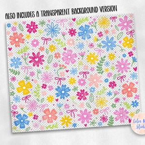 May include: A seamless pattern featuring a variety of colorful flowers with pink, blue, yellow, and green accents. The background is a transparent checkered pattern.