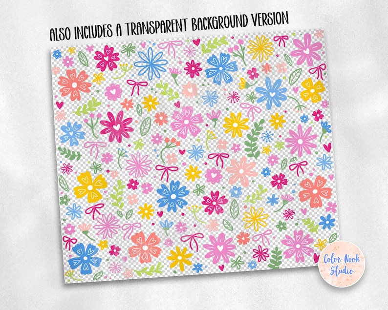May include: A seamless pattern featuring a variety of colorful flowers with pink, blue, yellow, and green accents. The background is a transparent checkered pattern.