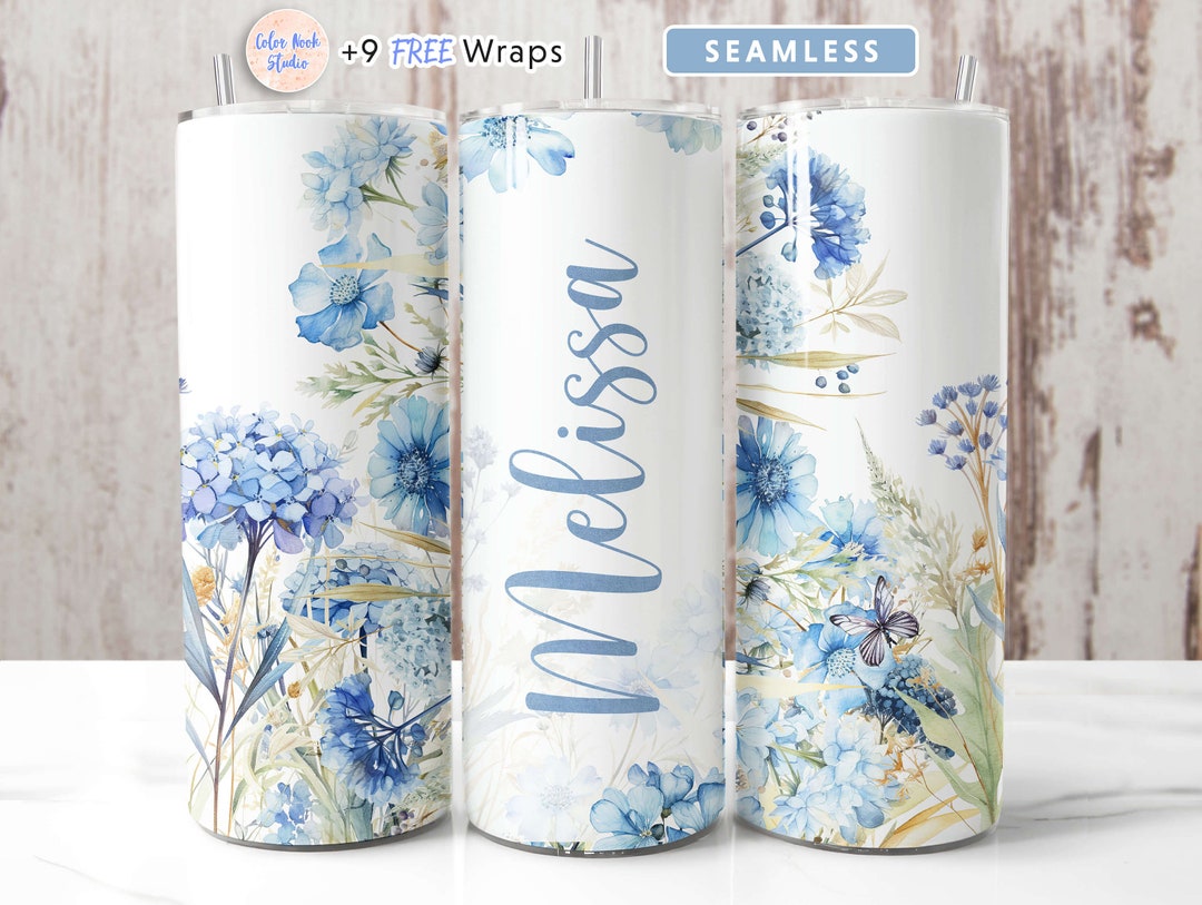 Personalized Tumbler Wrap PNG Add Your Own Name Blue Flowers 20 Oz ...