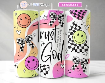 May include: Three stainless steel tumblers with colorful designs. The tumbler on the left has a pink, yellow, and orange design with a smiley face and a bow. The tumbler in the middle has a white background with a pink, yellow, and orange design and the text "Trust God" and "There was no way, But God made a way." The tumbler on the right has a black and white checkered design with a smiley face and a bow.