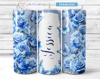Blue Rose Tumbler Wrap PNG Add Your Own Name 20 oz Tumbler Design Seamless Sublimation Instant Digital Download