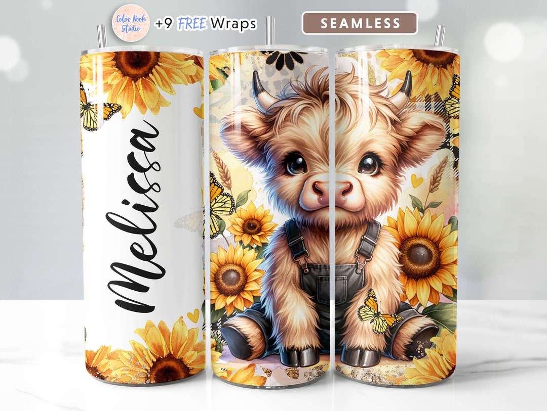 Highland Cow Tumbler Wrap PNG Add Your Own Name Sunflowers 20 Oz ...