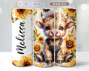 Diseño PNG de vaca de las Tierras Altas para vaso. Añade tu nombre. Diseño de girasoles para vaso de 20 oz. Sublimación sin costuras. Descarga digital instantánea.