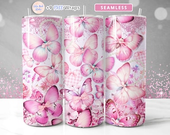 Coquette Butterfly Tumbler Wrap PNG Sublimación de arco rosa sin costuras 20 oz Diseño de vaso Descarga digital instantánea