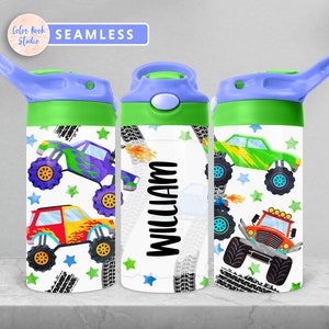 Monster Truck Kids 12 oz Flip Top Tumbler Wrap PNG Design personalizzato Bottiglia d'acqua Sublimazione Aggiungi il tuo nome Download digitale istantaneo