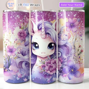 Unicorn 20oz Tumbler Wrap PNG Add Your Own Name Text Cute Watercolor Sublimation Seamless Design Instant Digital Download