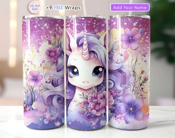 Unicorn 20oz Tumbler Wrap PNG Add Your Own Name Text Cute Watercolor Sublimation Seamless Design Instant Digital Download