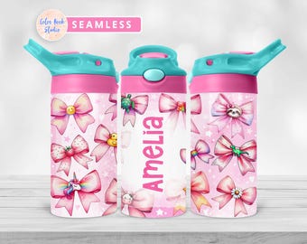 Vaso con tapa abatible para niños de 12 oz con diseño de sublimación personalizado con lazo rosa y coqueta, descarga digital