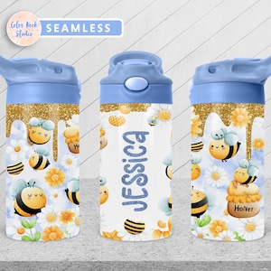 Bee Kids 12 oz Flip Top Tumbler Wrap PNG Spersonalizowany projekt Butelka na wodę Sublimacja Dodaj własne imię Natychmiastowe pobranie cyfrowe