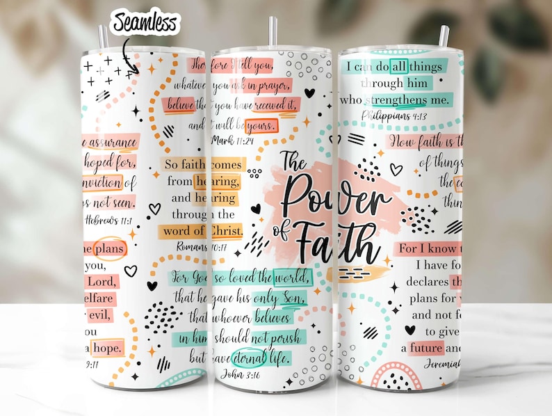May include: Three stainless steel tumblers with colourful abstract patterns and inspirational quotes about faith. The tumblers feature the text "The Power of Faith" and bible verses.
