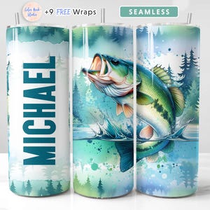 Bass Fish Tumbler Wrap PNG Pesca Aggiungi il tuo nome/testo Sublimazione senza giunte personalizzata Tumbler da 20 oz Design Download digitale istantaneo