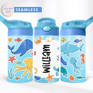 Under the Sea Kids 12 oz Flip Top Tumbler Wrap PNG Design personalizzato Bottiglia d'acqua Sublimazione Aggiungi il tuo nome Download digitale istantaneo