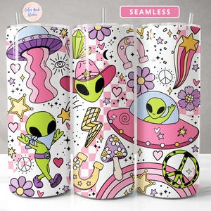 May include: A seamless pattern featuring a pink, white, and green color scheme. The pattern includes various illustrations such as aliens, stars, peace signs, rainbows, and horseshoes. The pattern is designed for use on tumblers, mugs, and other items.