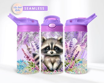 Kids 12 oz Flip Top Tumbler Wrap Cute Raccoon Kids Water Bottle Sublimation Design PNG Seamless Instant Digital Download