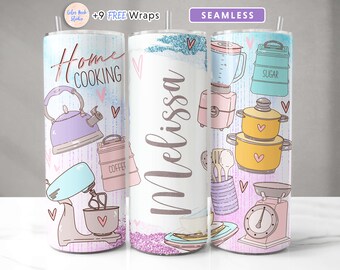 Design de embrulho de copo de cozinha Adicione seu próprio nome Sublimação perfeita Chef Cook Glitter 20 oz Skinny Tumbler PNG Download digital instantâneo