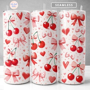 Cherry Coquette Tumbler Wrap PNG Girly Ribbon Sublimation 20 oz Skinny Tumbler Design Digital Download