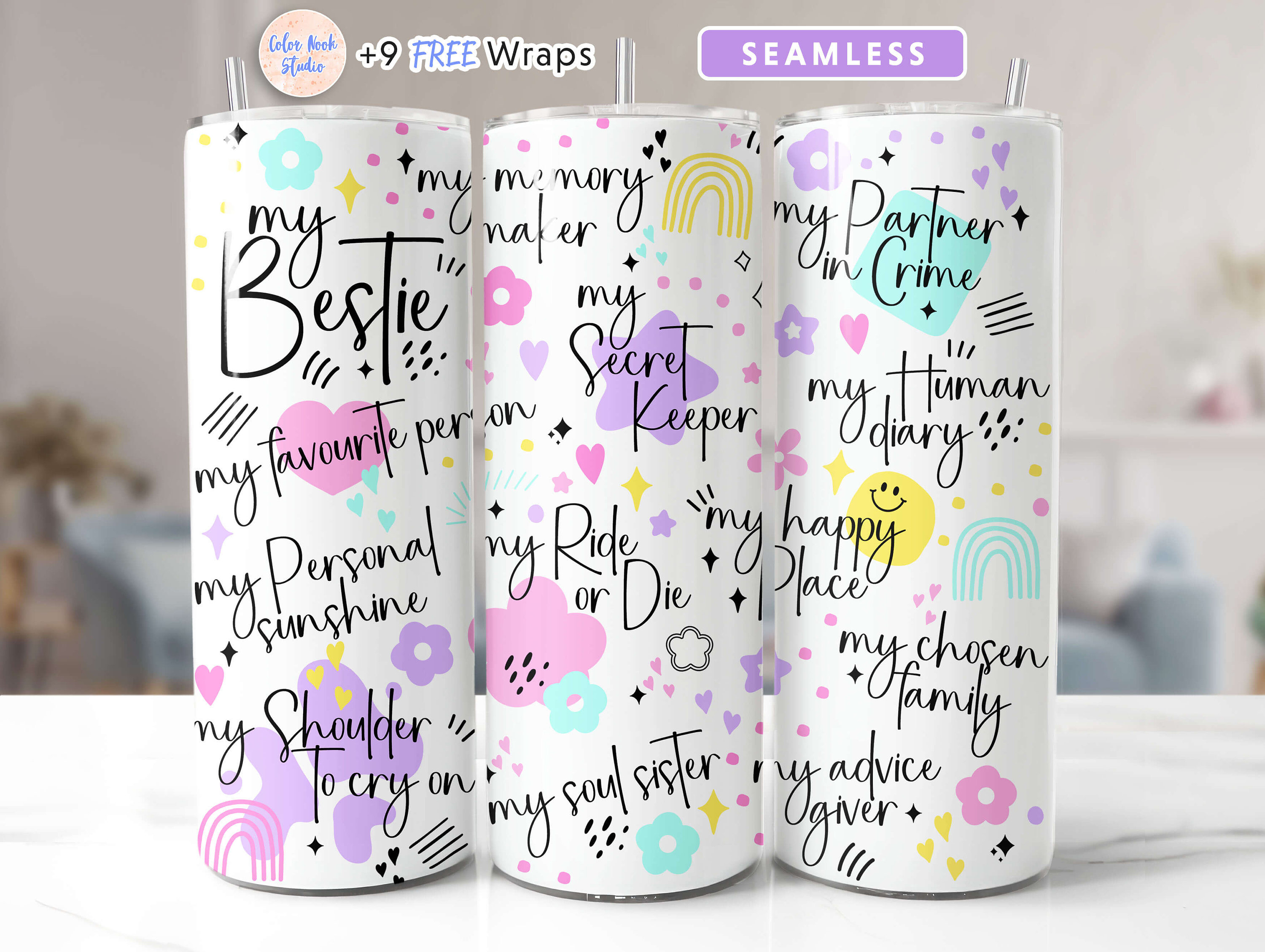 Bestie Tumbler Wrap para mejor amigo BFF Doodle Sublimación sin costuras 20 oz Diseño de vaso Descarga digital instantánea